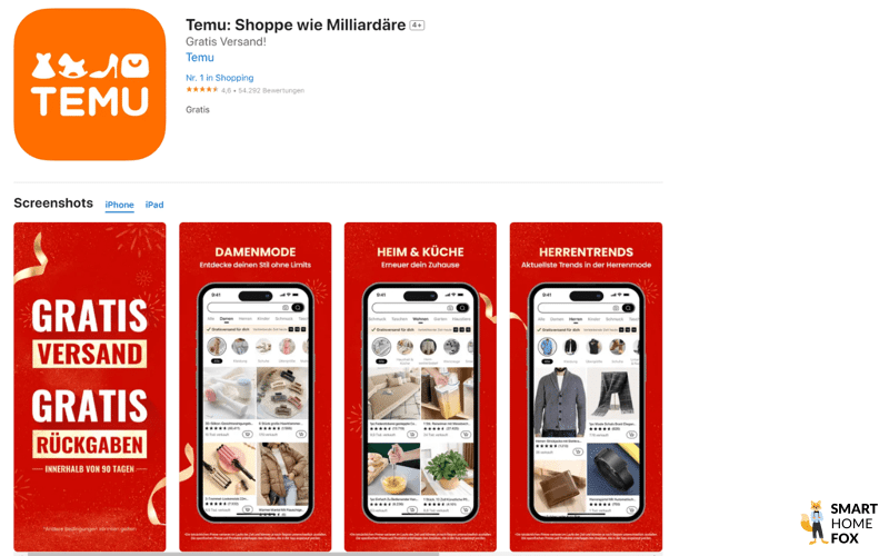 Temu App ist im Download Center des Apple Stores zu sehen.